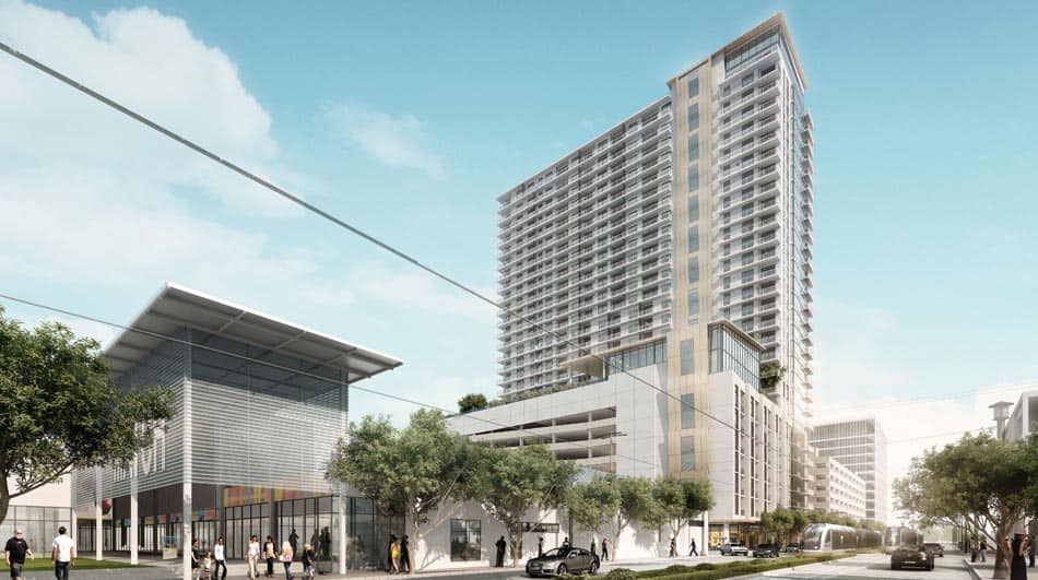 Rendering of 3300 Main Street, a mixed-use, 29-story development by AECOM Capital and PM Realty Group located in the midtown neighborhood of Houston, Texas