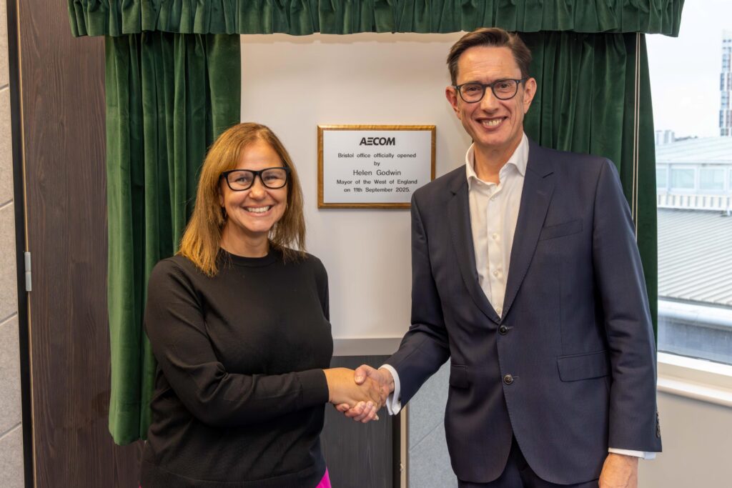 Mayor for the West of England, Helen Godwin, and AECOM chief executive for Europe & India, Richard Whitehead, at the new Bristol office opening.