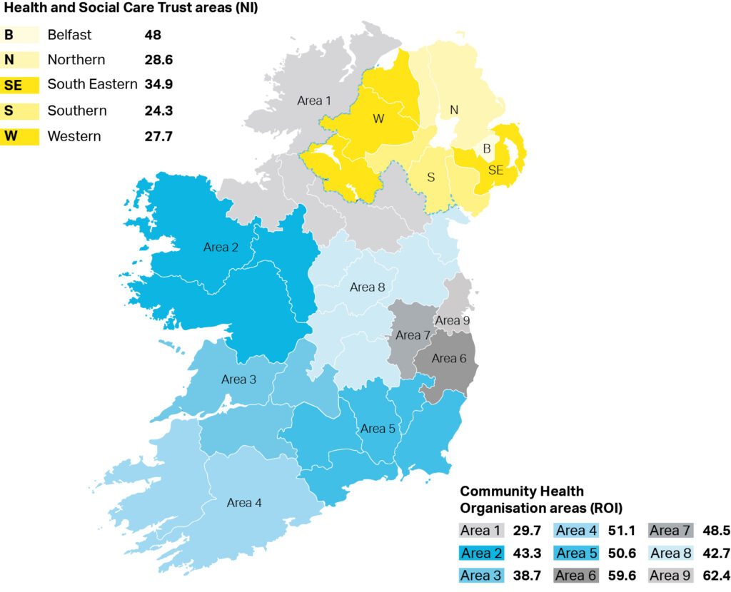 Figure 2: 2019 hospitalisation rates per 100,000 by Community Healthcare Organisation (CMO) and Health and  Social Care Trust (HSC) areas in ROI and NI