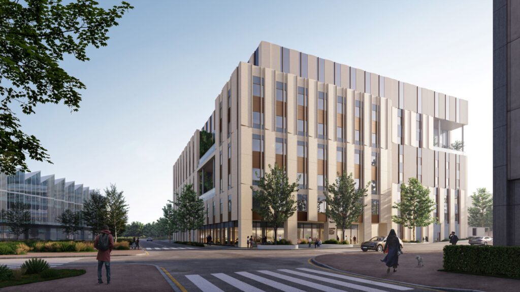 A CGI-generated image of the Cambridge Cancer Research Hospital (CCRH).
