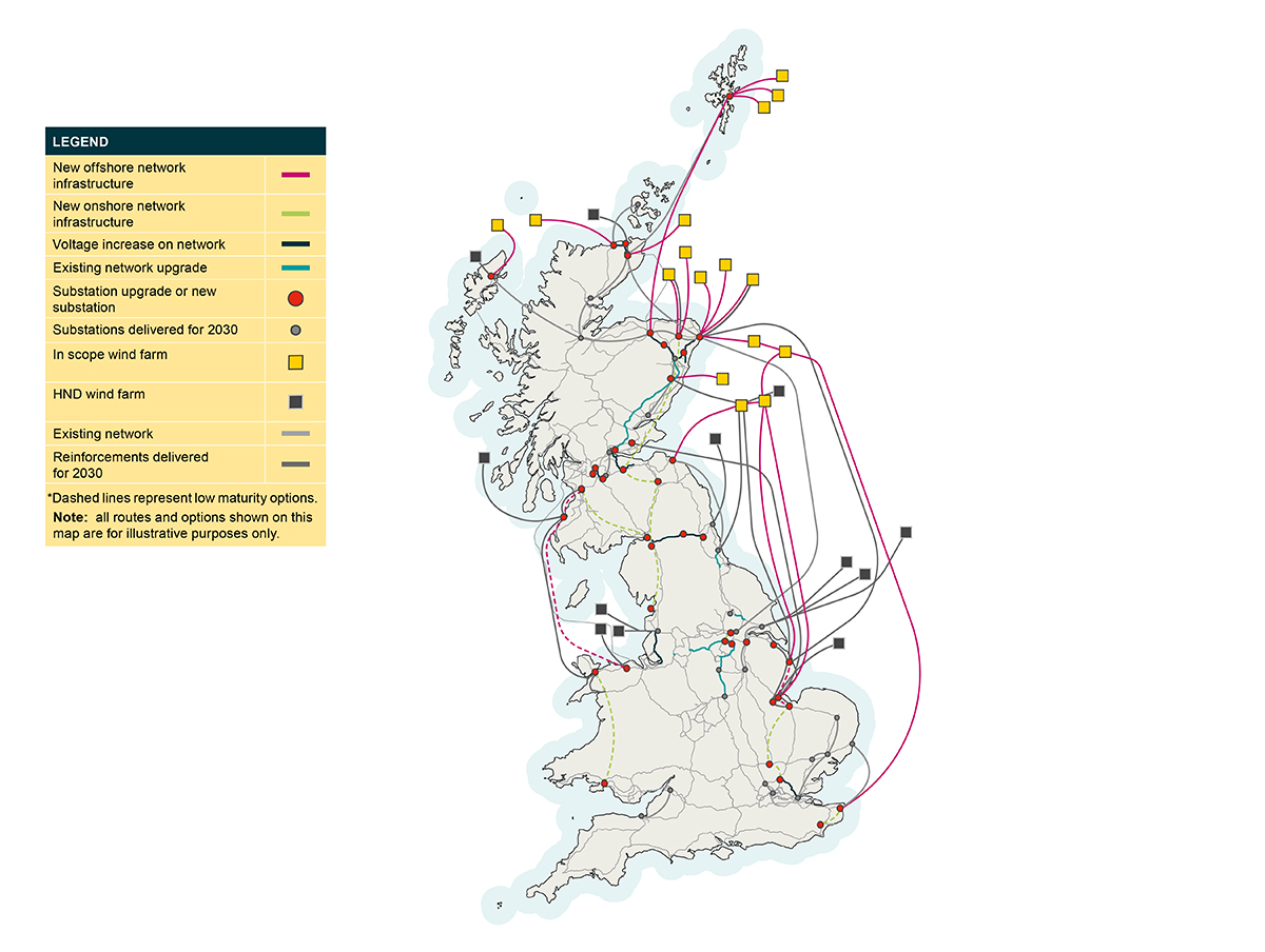 The Holistic Design Network showing the new onshore and offshore infrastructure needed to enable 44GW of capacity by 2035. Source: Beyond 2030 report.