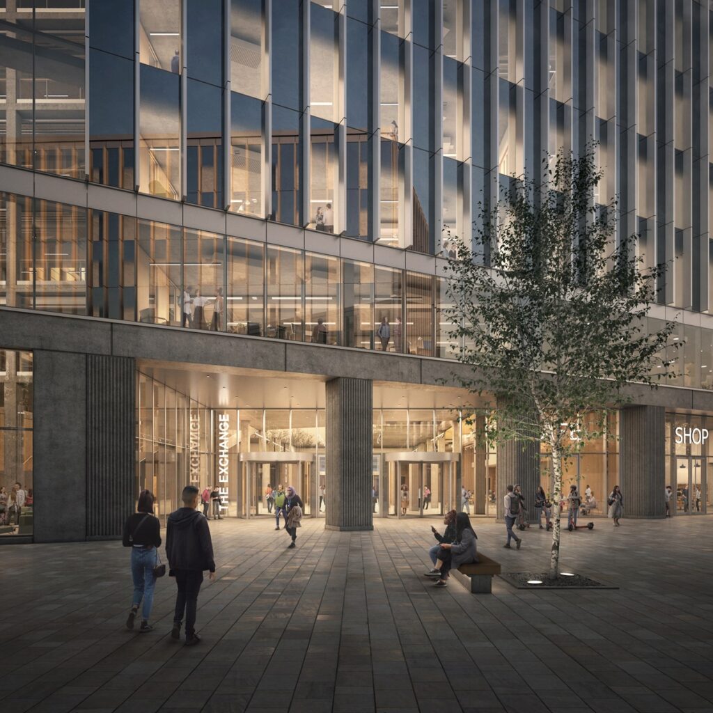 The exterior of Bristol University's Temple Quarter Enterprise Campus at night-time