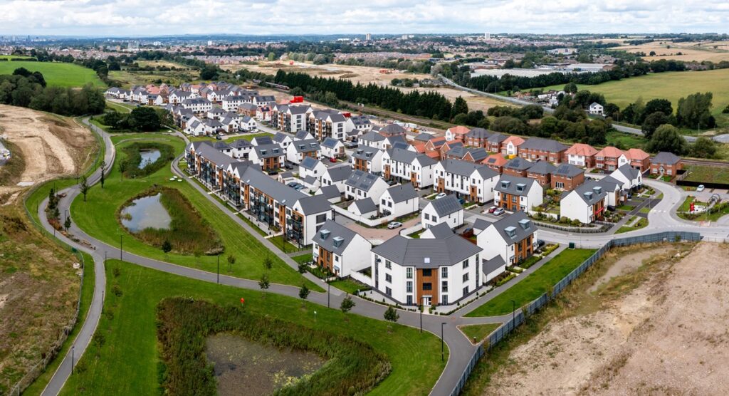 An aerial image of a modern housing development on the outskirts of Leeds.